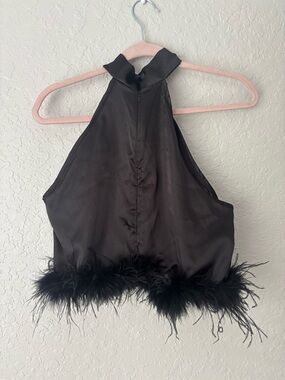 2 Pack Satin Crop Top with Feather Trim